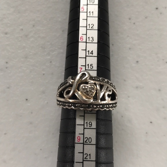 Vintage Jewelry - 925 Sterling Silver “Love” Ring Logo with Diamond Chip Accents Size 7.75